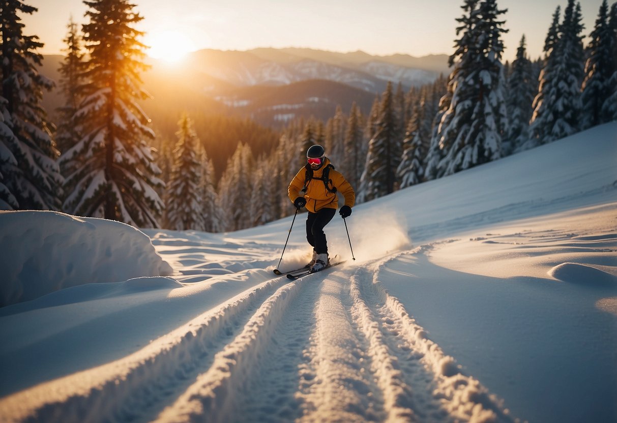 A skier navigates through a snowy landscape, with rolling hills and dense forests. The sun sets in the distance, casting a warm glow on the pristine snow