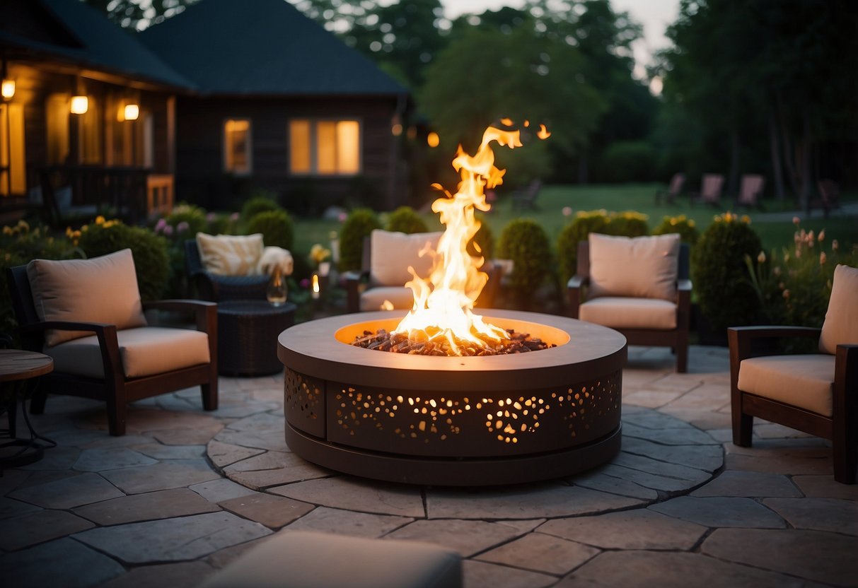 A circular fire pit surrounded by comfortable seating, nestled in a cozy outdoor setting. The flames dance and flicker, casting a warm glow over the gathering space