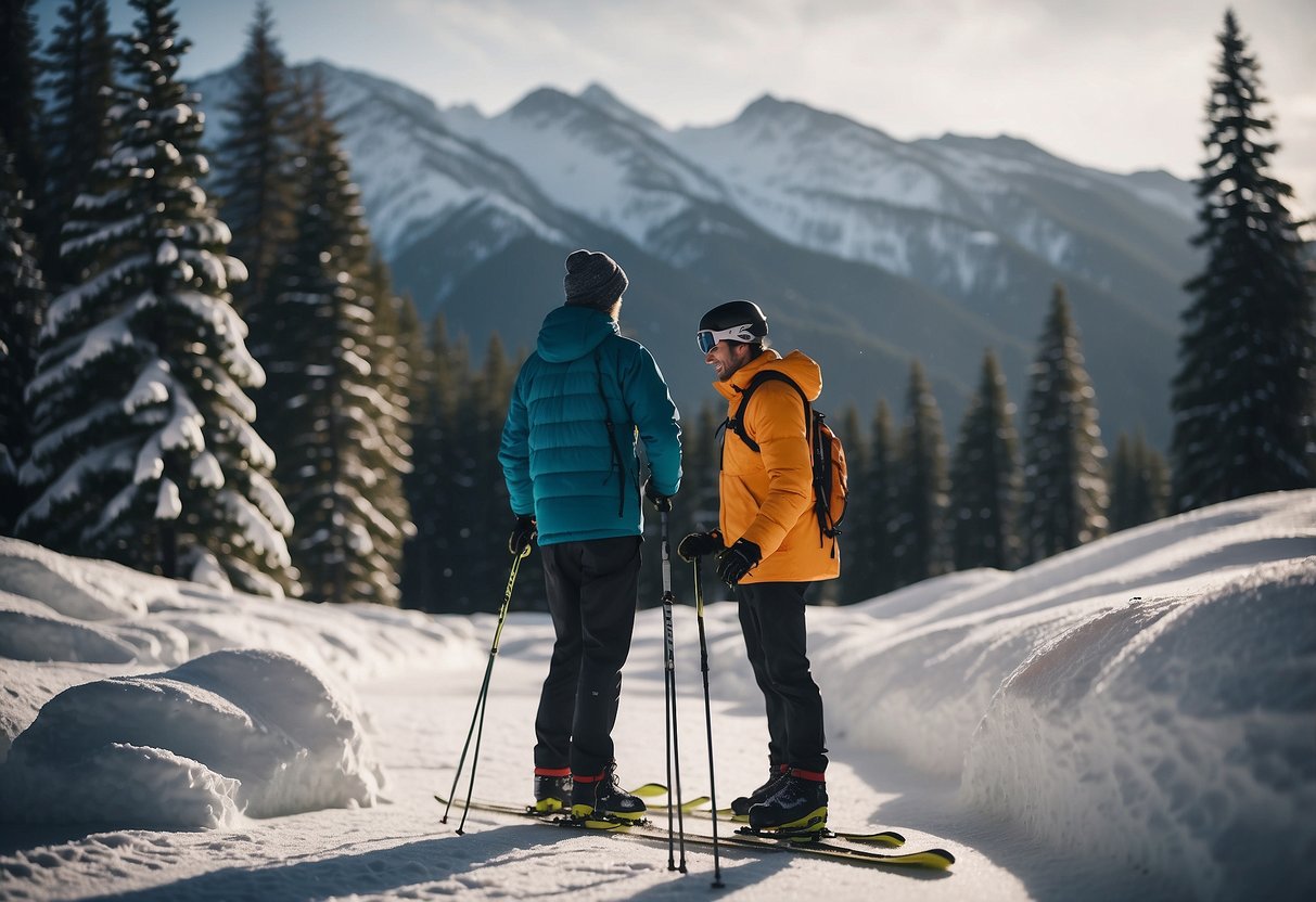 A skier stands in a snowy landscape, surrounded by tall trees and mountains. They are preparing their equipment and stretching their muscles before embarking on a long-distance cross country skiing trip