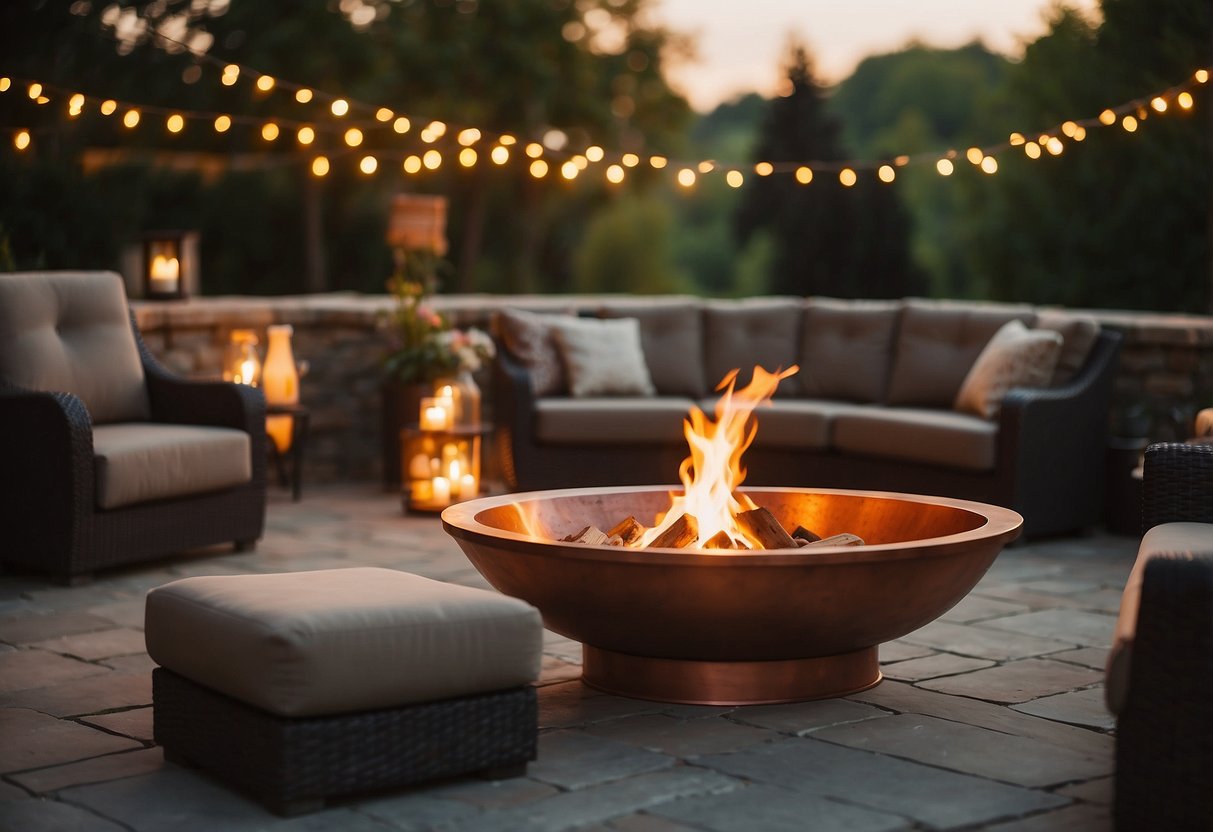 A copper fire pit bowl sits on a stone patio surrounded by comfortable seating. Flames flicker and dance, casting a warm glow against the evening sky