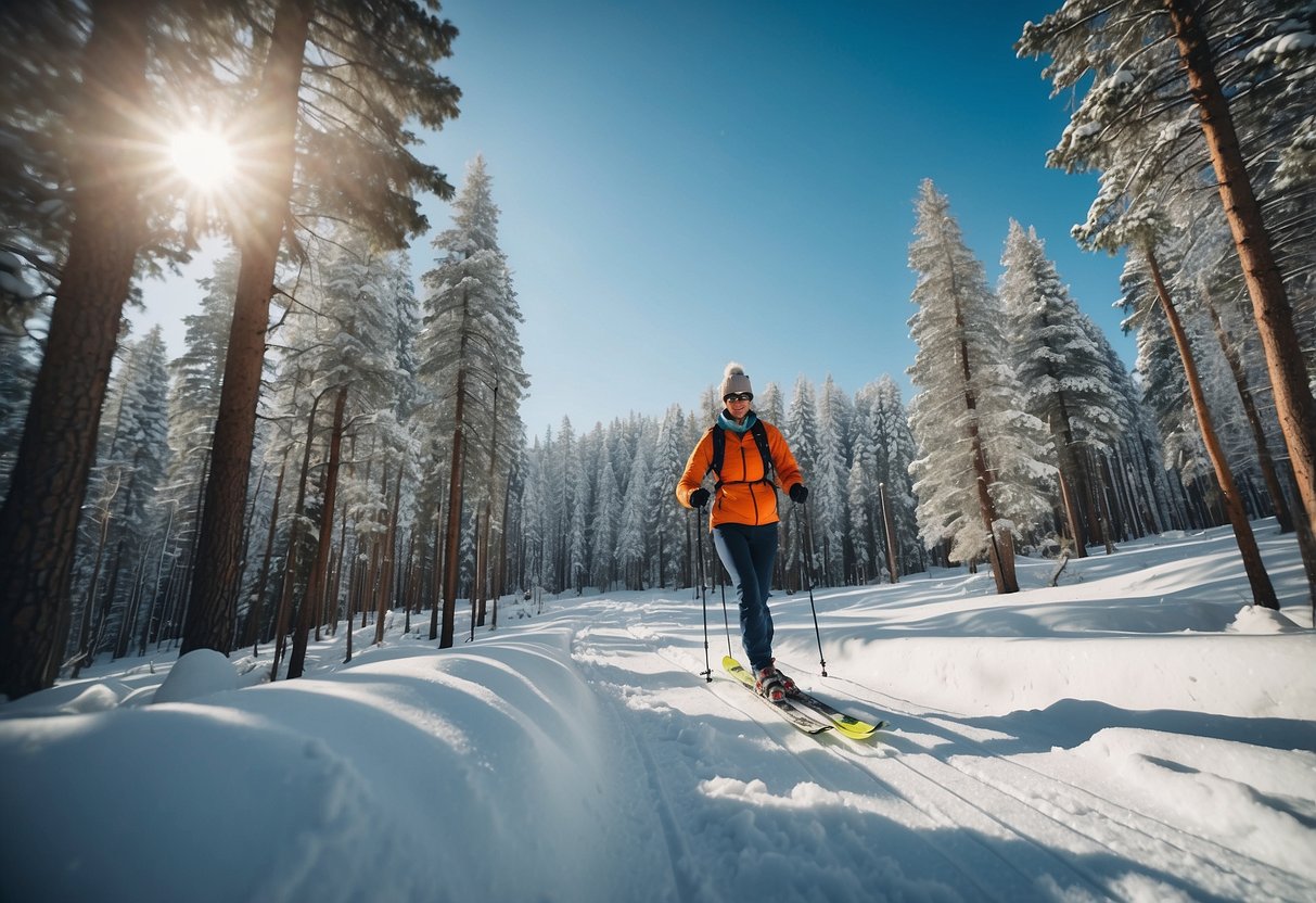 A snowy forest with skiers wearing lightweight hats, gliding across the trails, surrounded by pine trees and a clear blue sky