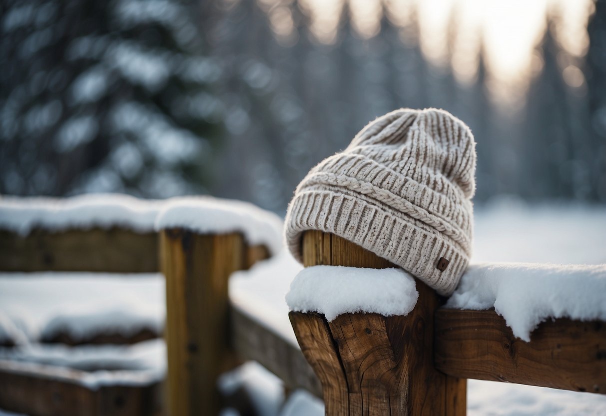 A snow-covered cross country ski trail with a lone lightweight merino wool hat resting on a wooden fence post