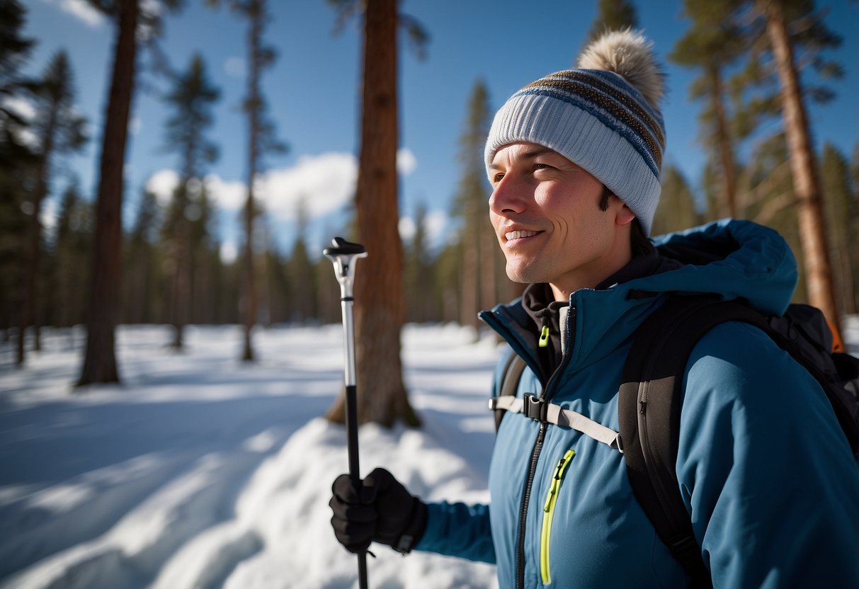 A snowy landscape with a lone cross-country skier wearing the Icebreaker Pocket Hat, surrounded by pine trees and a clear blue sky