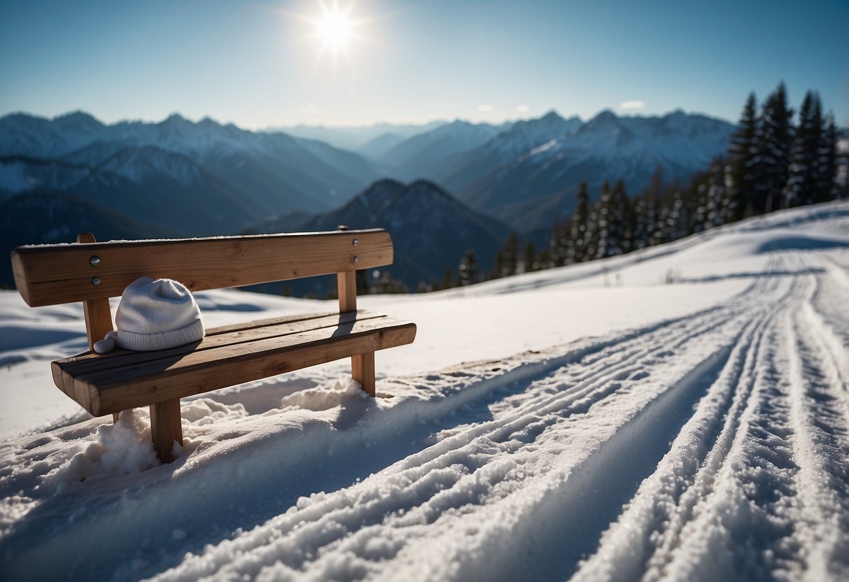 A snowy mountain landscape with a lone ski hat resting on a wooden ski bench, surrounded by cross country ski tracks