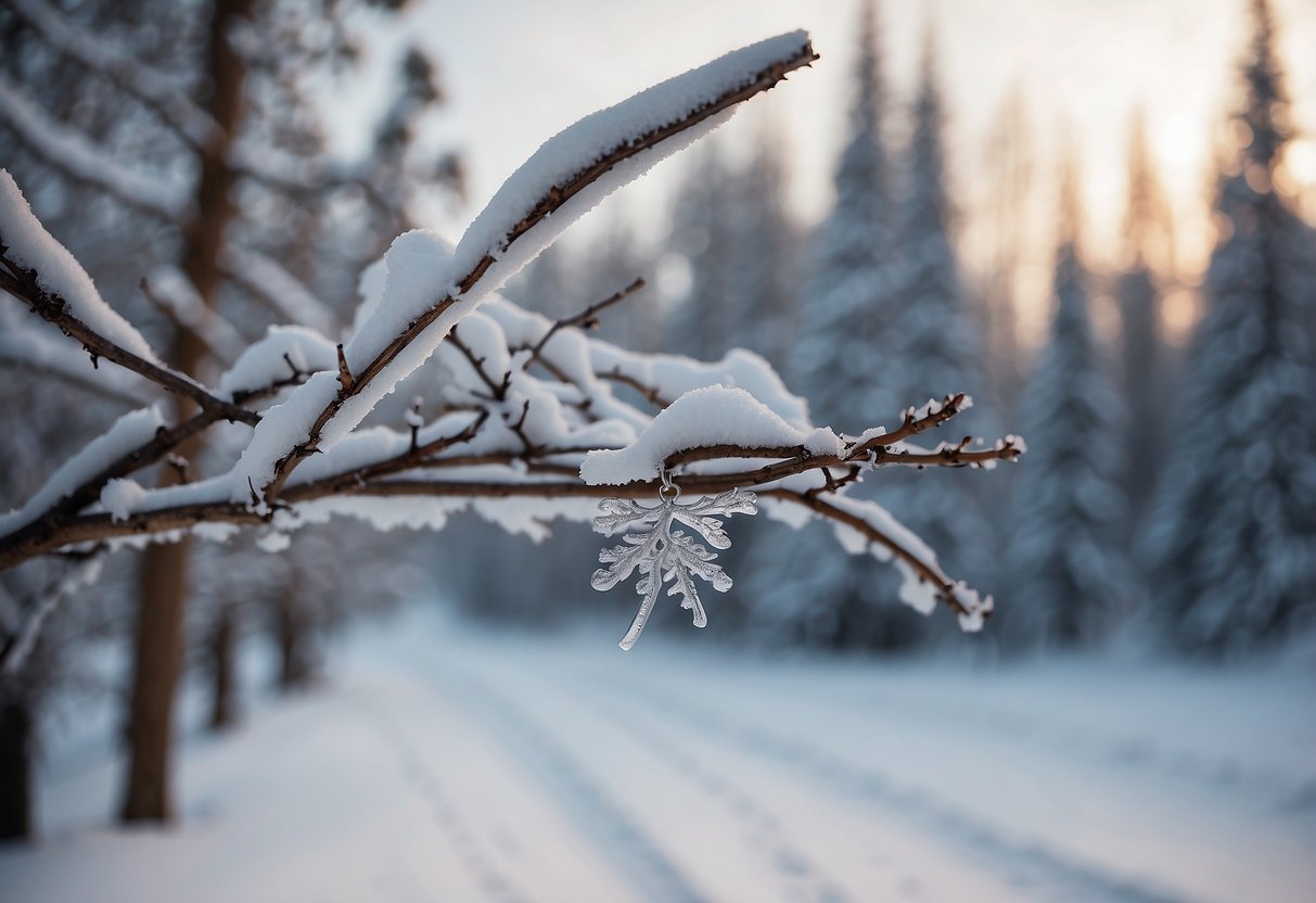 A snowy cross country ski trail with a lone Arc'teryx Rho LTW Beanie resting on a tree branch, surrounded by a serene winter landscape