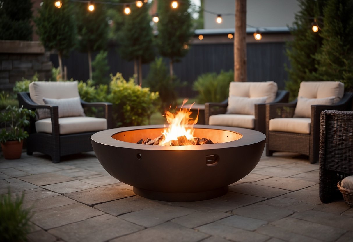 A fire pit with a wind guard stands in a cozy outdoor setting, surrounded by comfortable seating and soft lighting