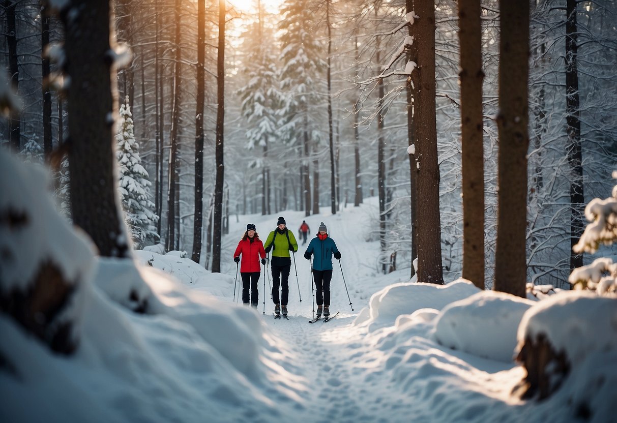 A snowy forest with skiers wearing lightweight hats, enjoying the benefits of warmth and comfort while cross country skiing