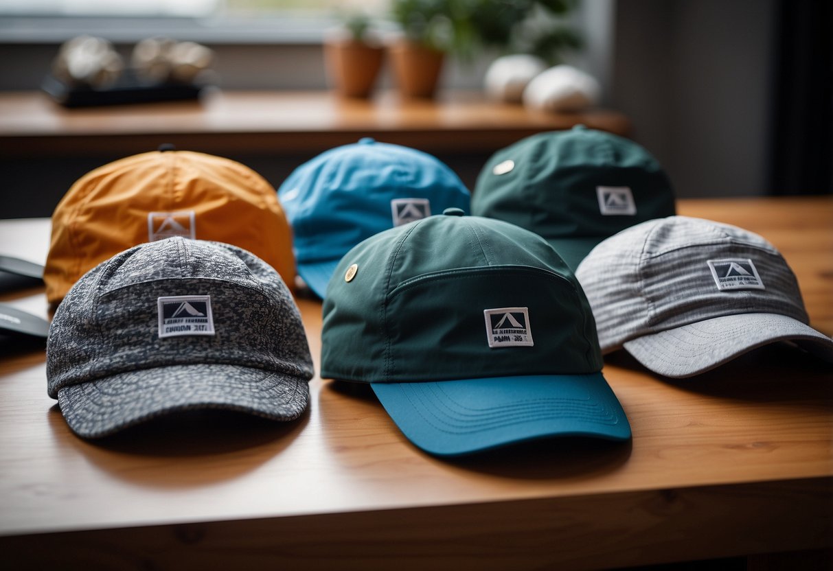 The scene shows five different lightweight cross country skiing hats laid out on a table, with materials such as breathable fabric, insulation, and moisture-wicking technology visible