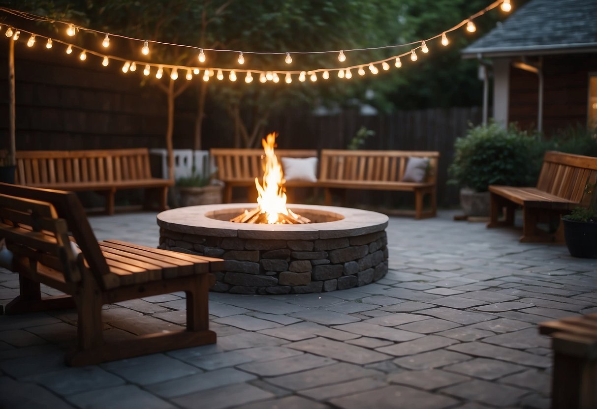 A circular stone fire pit is surrounded by wooden benches in a cozy backyard. String lights hang above, creating a warm and inviting atmosphere