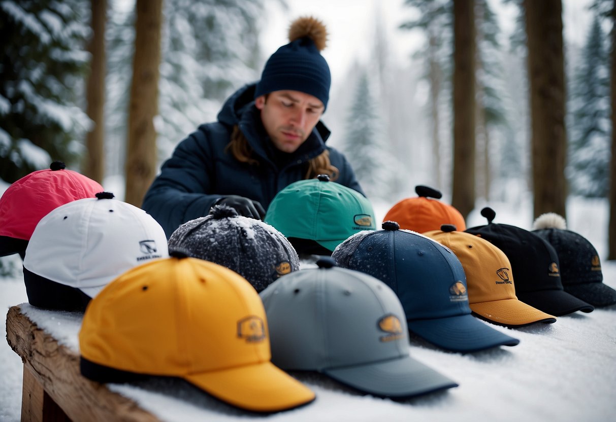 A snowy landscape with a skier selecting from 5 lightweight cross country skiing hats displayed on a table. Snow-covered trees in the background