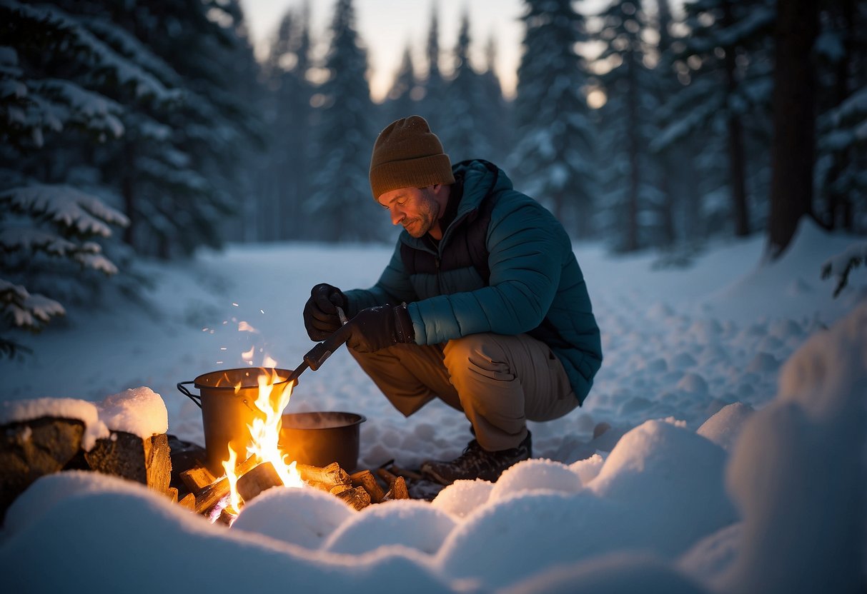 Snowy forest, skier melts snow in a pot over a campfire. Uses a portable water filter, UV light, or iodine tablets. Collects water from a flowing stream or uses a purification straw