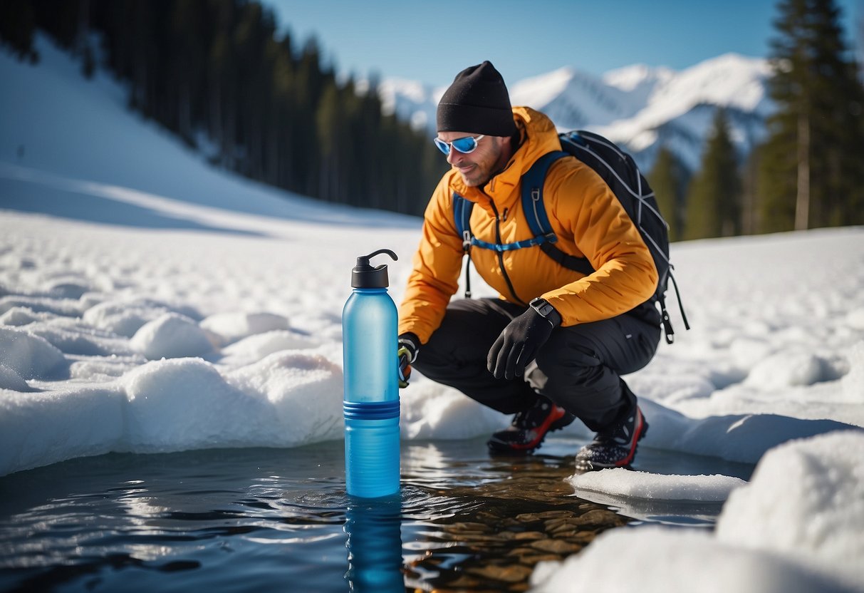 A cross country skier attaches a portable water filter to a water bottle, scoops up snow, and filters it to drinkable water