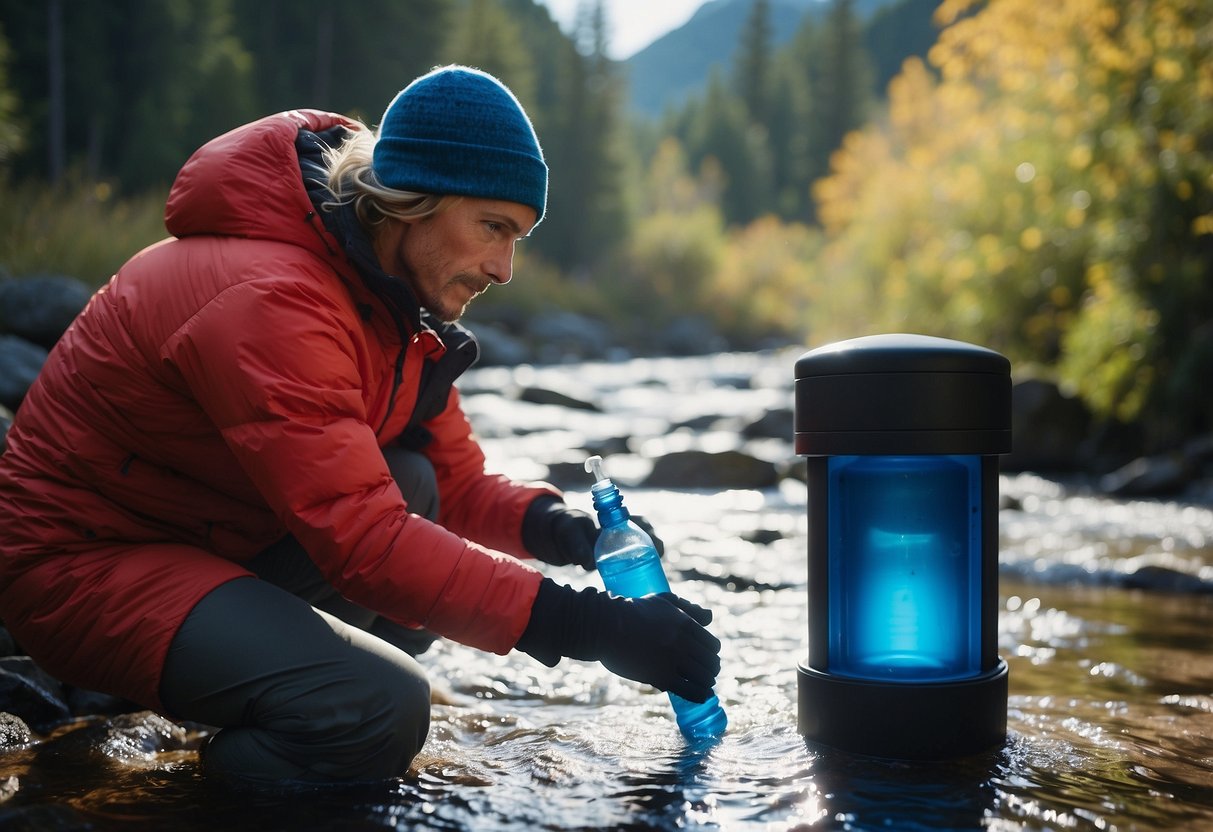 A cross-country skier fills a water bottle from a stream, then uses a UV water purifier to cleanse the water before continuing their journey