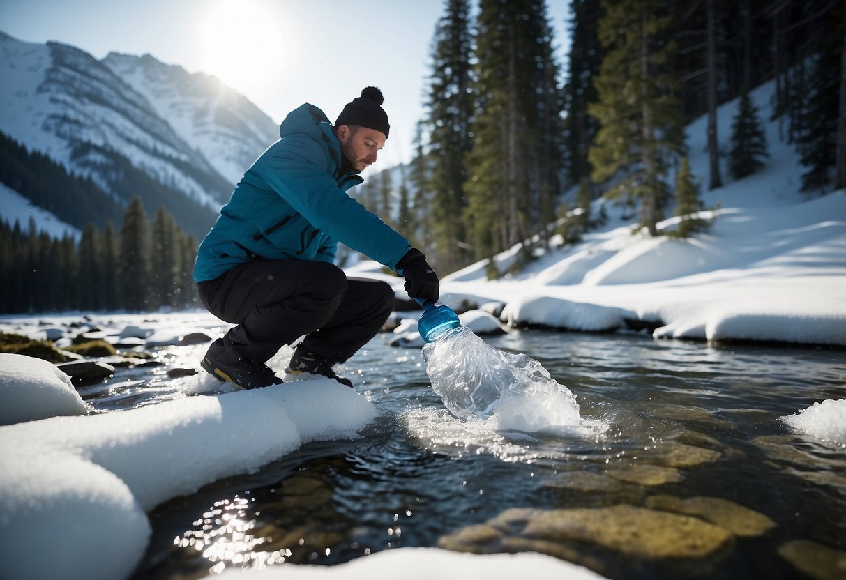 A skier drops a water purification tablet into a clear mountain stream, surrounded by snow-covered trees and a pristine winter landscape