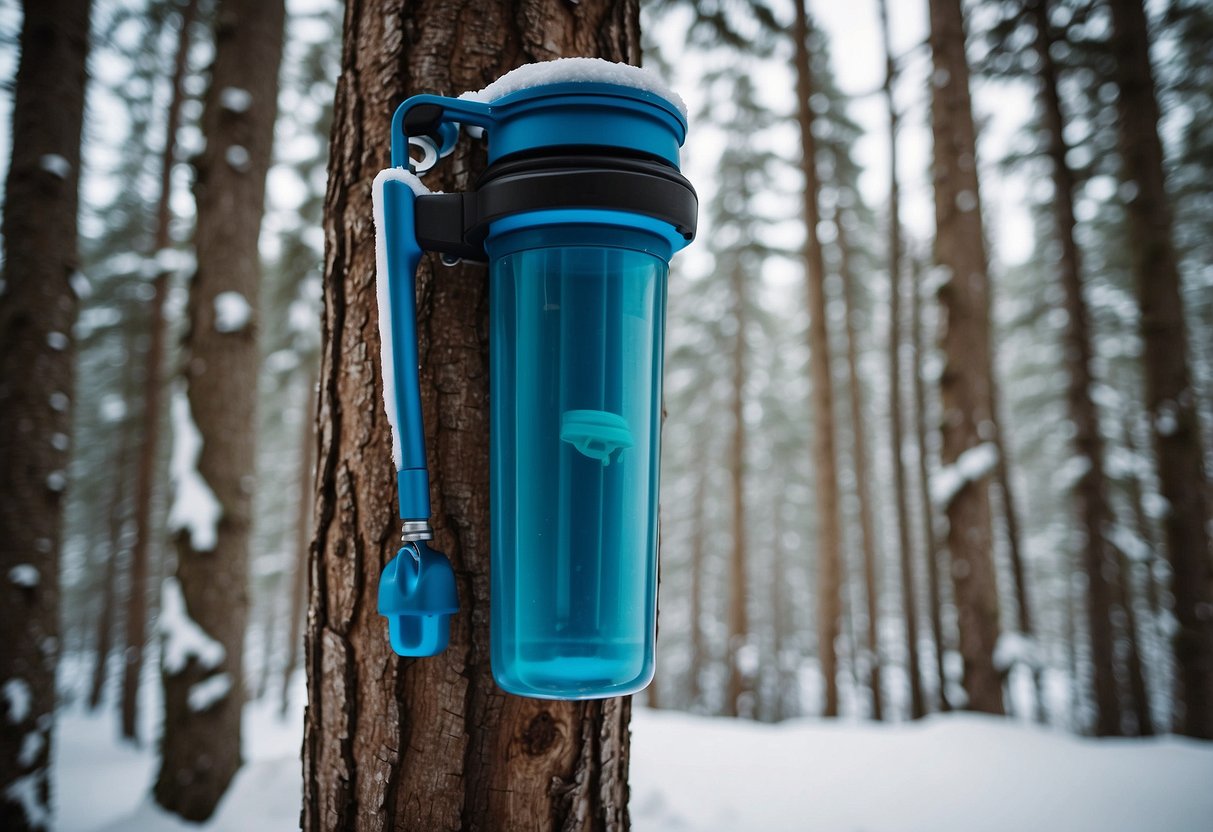 A gravity-fed water filter hangs from a tree, purifying water for cross country skiers. Snow-covered landscape surrounds the filter, with skis and poles leaned against a nearby tree