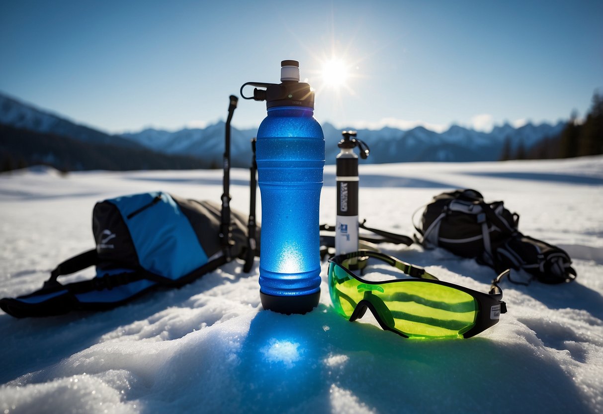 A Steripen UV light shines on a snow-covered water bottle, surrounded by cross country skiing gear. Various purification methods are displayed nearby