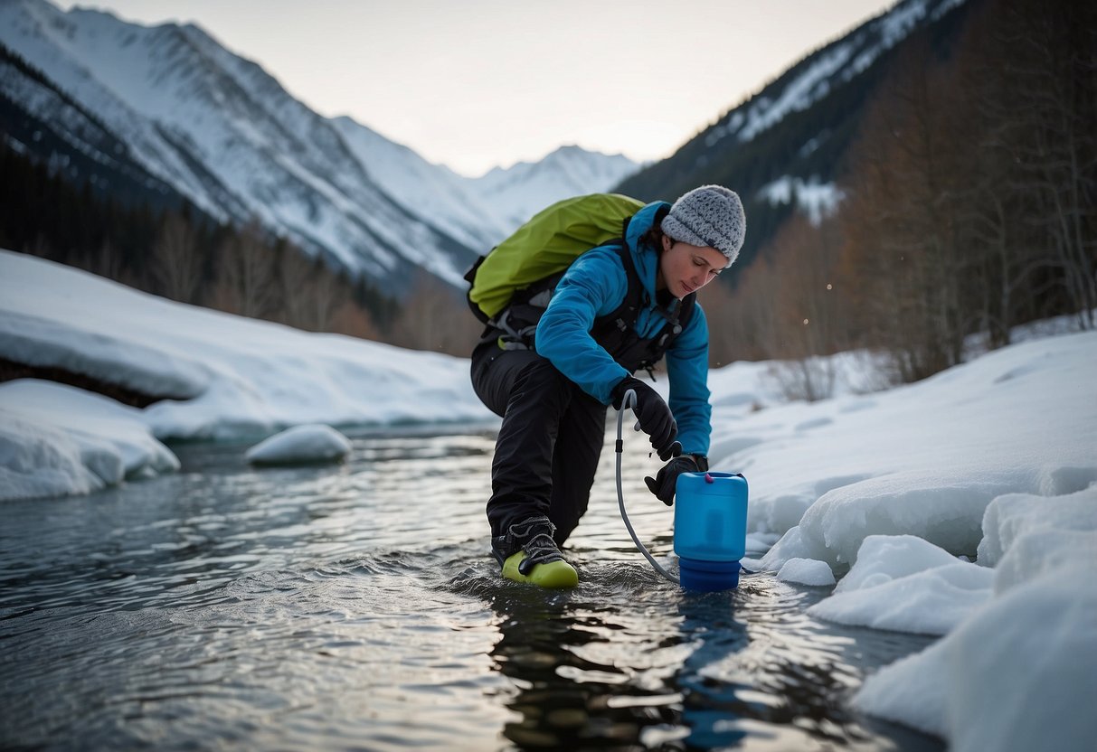 A skier uses a LifeStraw to purify water from a stream while surrounded by snowy mountains