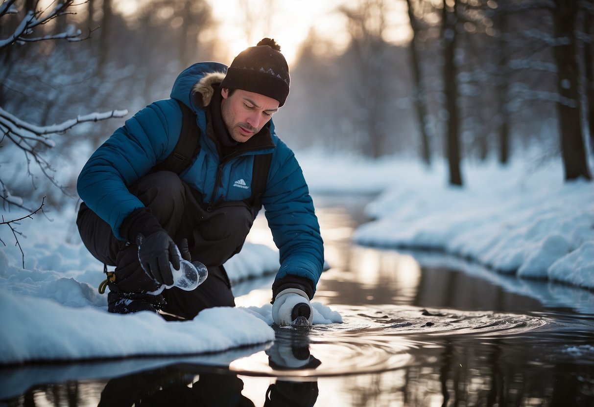 A cross country skier uses a pump water filter to purify water from a stream, surrounded by snowy trees and a serene winter landscape