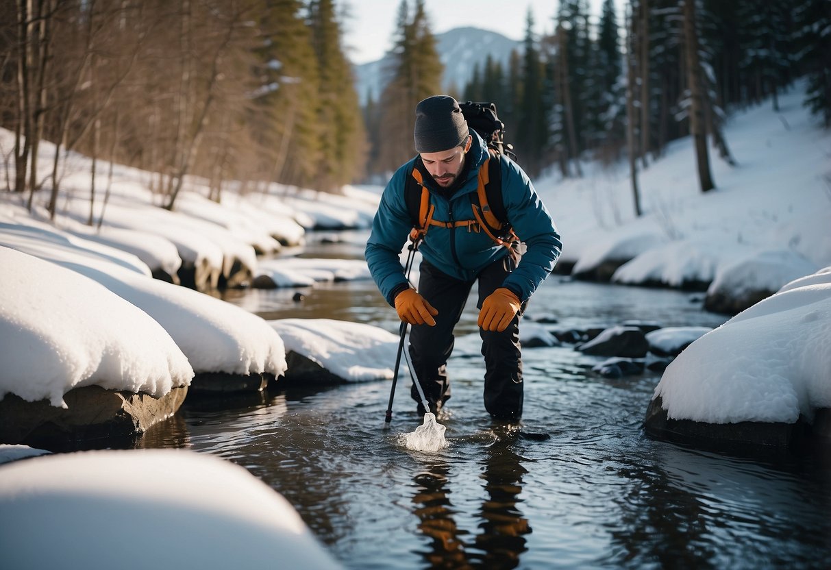 A snow-covered landscape with a clear stream running through it. A person on cross-country skis is using a portable water purification system to filter water from the stream