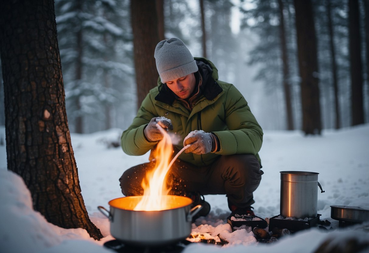 A snowy landscape with a cross country skier melting snow over a campfire, using a portable water filter, and boiling water in a pot