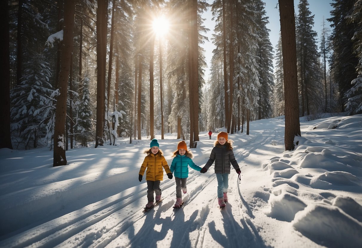 A family of four glides through a snowy forest, with kids following parents' tracks. Bright sun casts long shadows on the pristine white snow