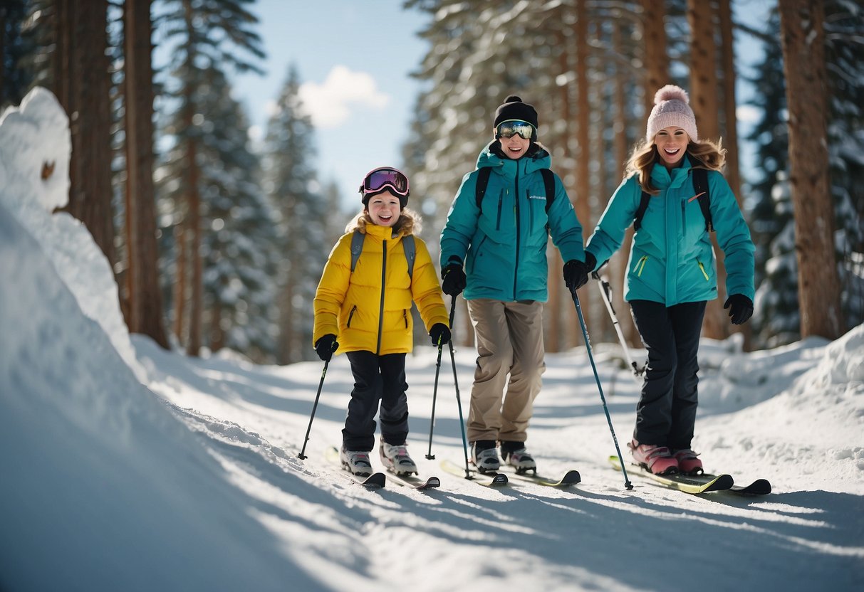 A family of skiers glides through a snowy forest on a bright, sunny day, following a well-marked trail. The children are laughing and enjoying the adventure