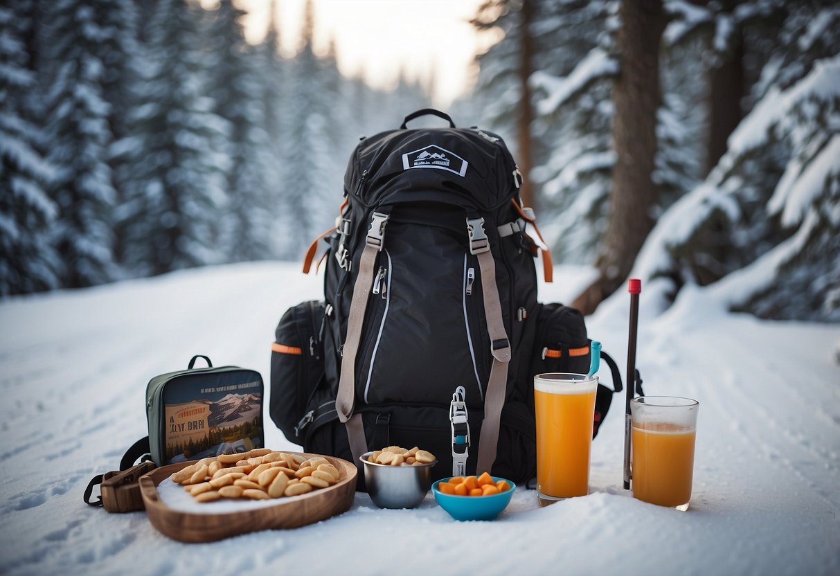 A family's backpack with snacks and drinks, ski poles, and a trail map laid out on a snowy cross-country skiing trail