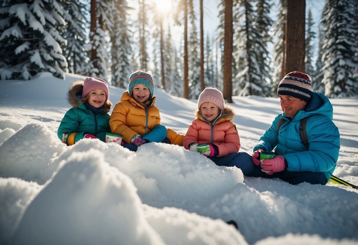 A family of skiers rests by a snowy trail, surrounded by tall trees. The children playfully make snow angels while the parents enjoy a hot drink