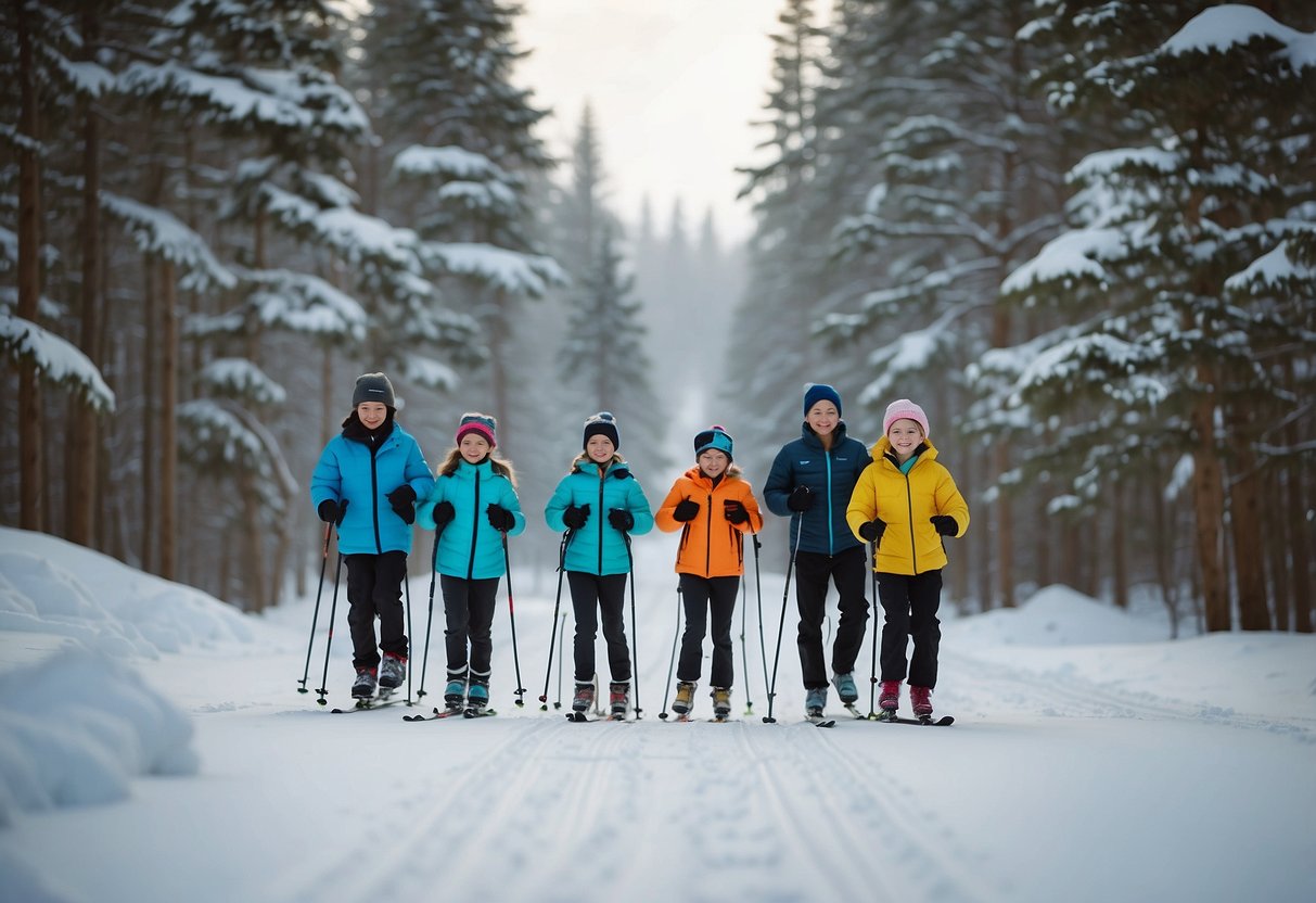 A group of children and adults cross country skiing on a snowy trail, following safety tips and best practices. They are wearing appropriate gear and staying together as they enjoy the winter activity