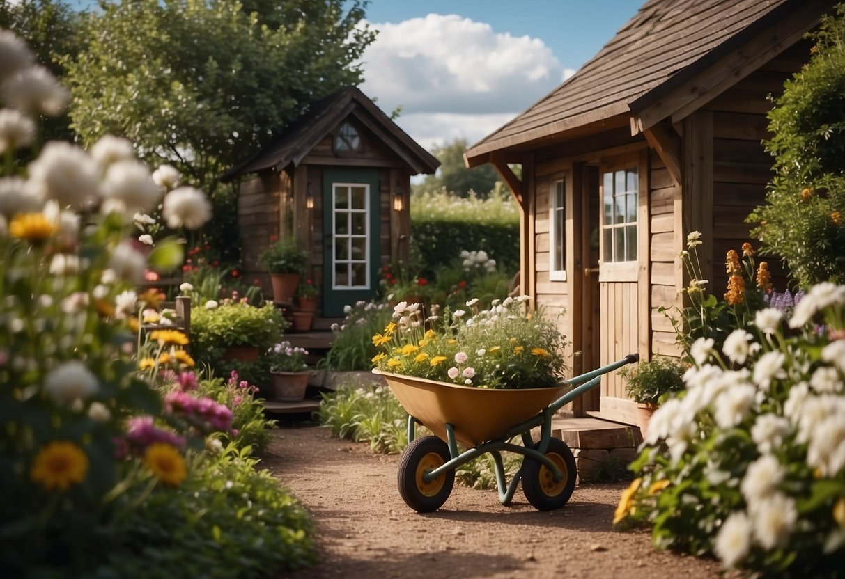 A cozy garden shed with a pitched roof, surrounded by blooming flowers and lush greenery. A small pathway leads to the entrance, with a vintage wheelbarrow and gardening tools scattered around