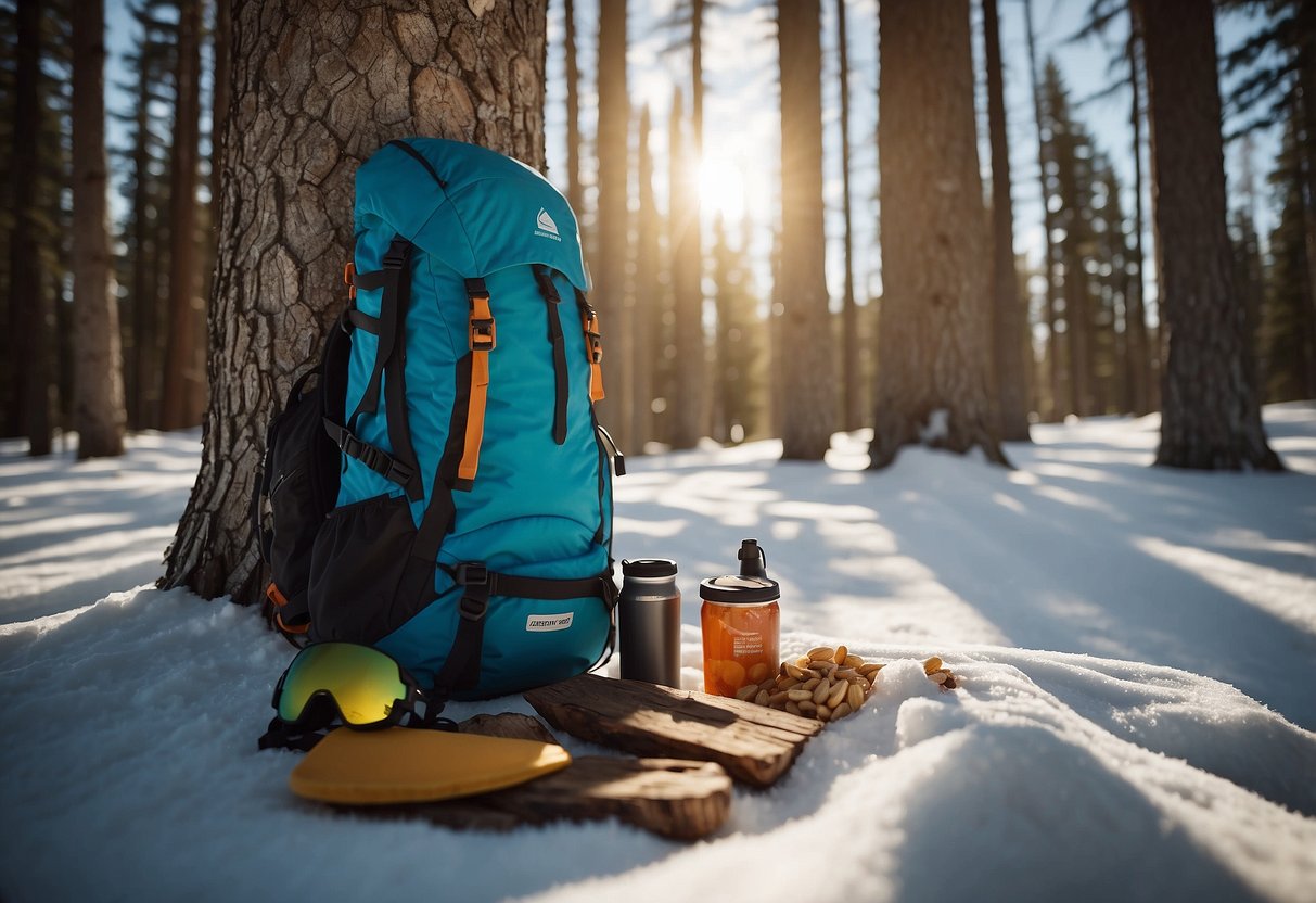 Skis propped against a tree, with a backpack open to reveal lightweight food options such as energy bars, trail mix, dried fruit, and jerky