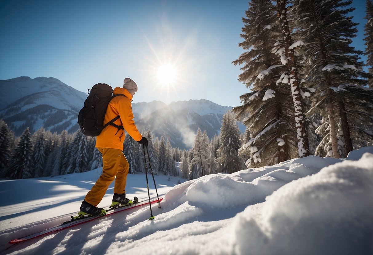 A snowy mountain trail with a cross country skier reaching into a pocket for a pack of Honey Stinger Energy Chews. Snow-covered trees in the background