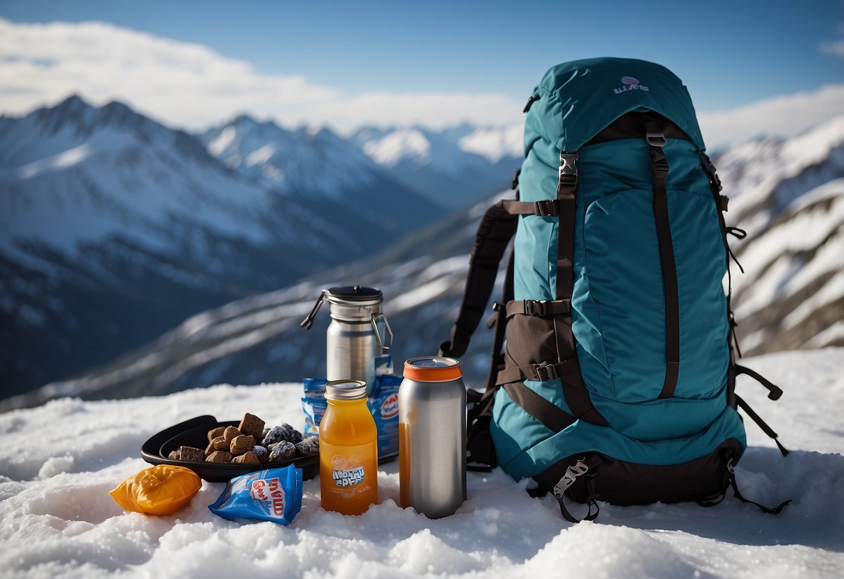 A snowy mountain landscape with a cross country skier's backpack open, revealing CLIF SHOT BLOKS Energy Chews and other lightweight food options