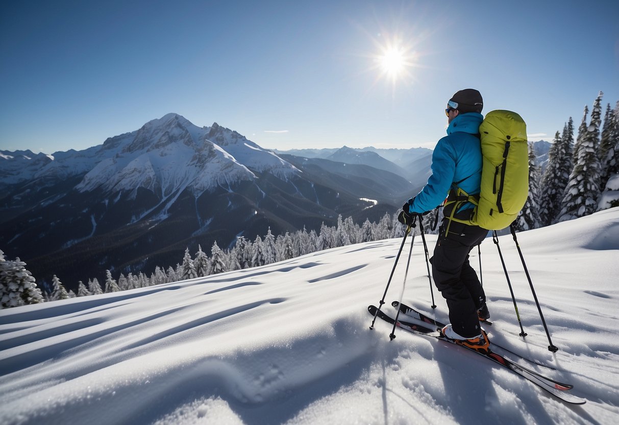 A snowy mountain landscape with a cross country skier reaching into a backpack for a PROBAR Meal Bar. Snow-covered trees and a clear blue sky in the background