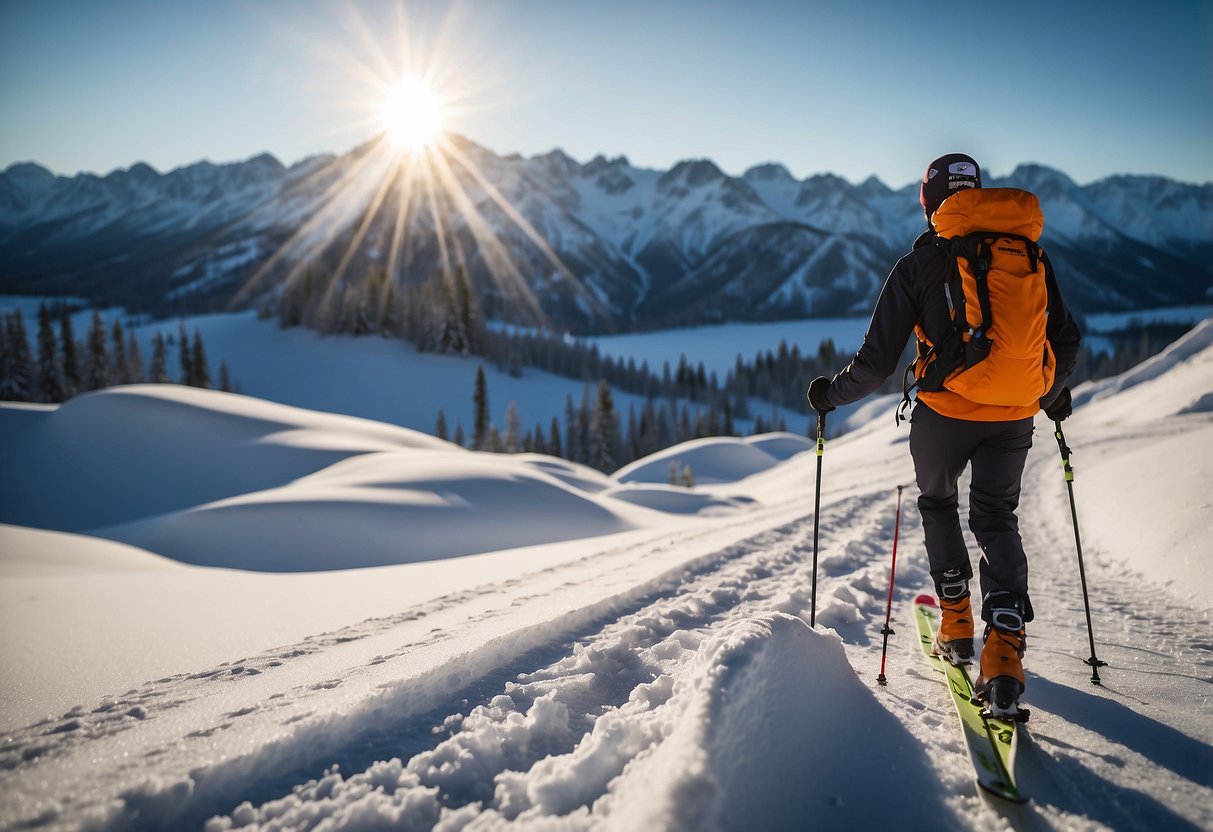 A snowy landscape with a cross country skier reaching into a backpack, pulling out a Skratch Labs energy bar. Other lightweight food options are scattered nearby