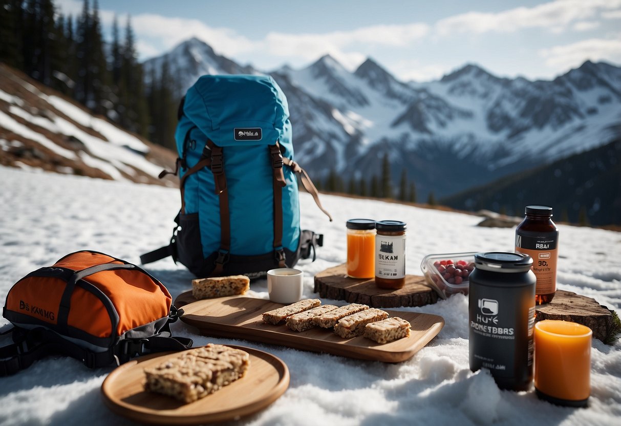 A snowy mountain landscape with a backpack open to reveal RXBAR Protein Bars, along with other lightweight food options, next to a pair of cross country skis