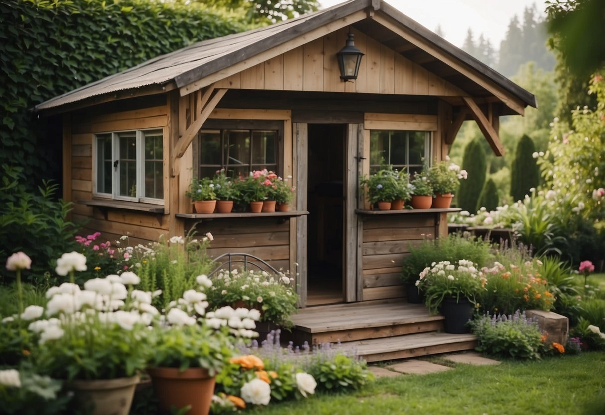 A cozy garden shed with a rustic exterior, surrounded by lush greenery and blooming flowers. A quaint seating area and charming decor create a peaceful retreat