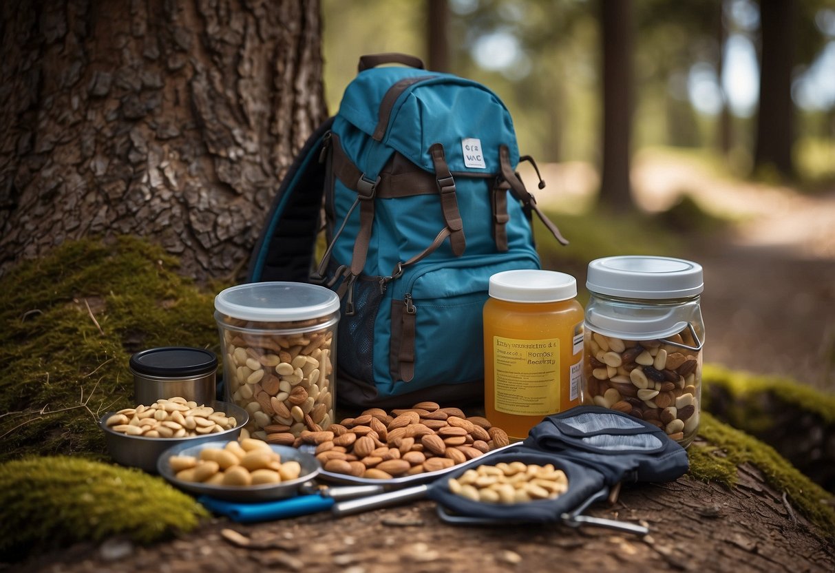 A backpack open, filled with lightweight food options: energy bars, trail mix, dehydrated fruits, and nuts. Ski poles leaning against a tree