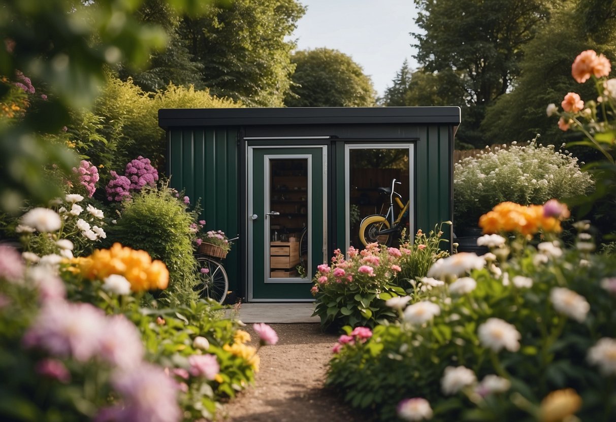 A bike storage shed nestled in a lush garden, surrounded by vibrant flowers and greenery, with a neatly organized interior showcasing various bike storage solutions