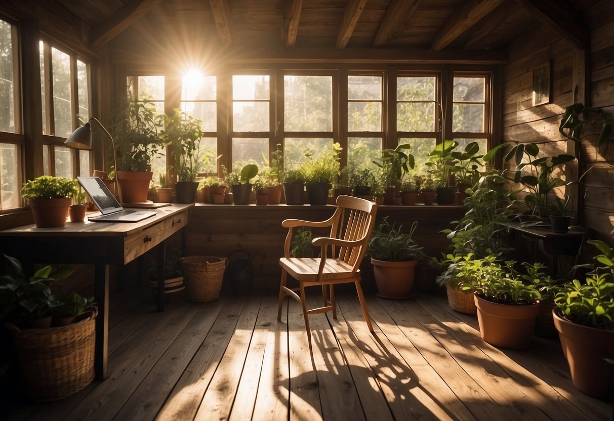 A cozy garden shed with a desk, chair, and potted plants. Sunlight filters through the windows, casting a warm glow on the rustic interior