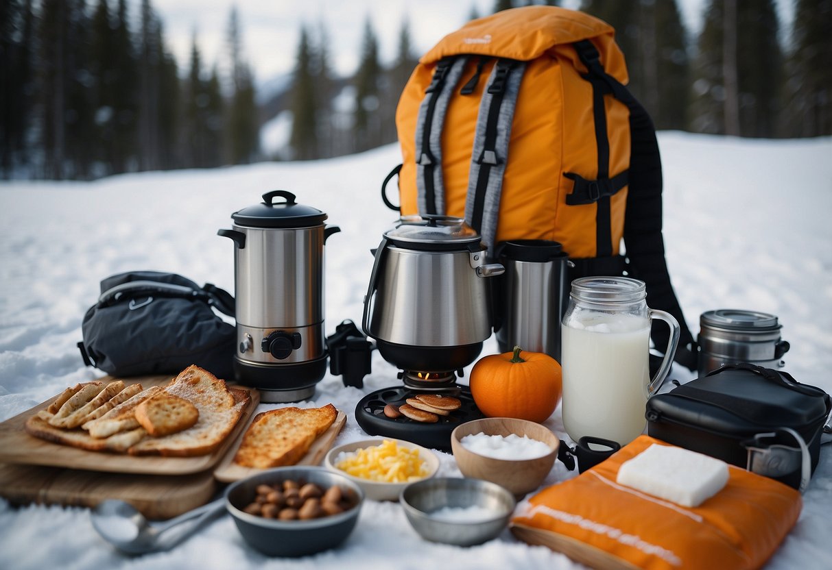 A backpack with lightweight food items, a portable stove, and cooking utensils laid out on a snowy cross country skiing trail