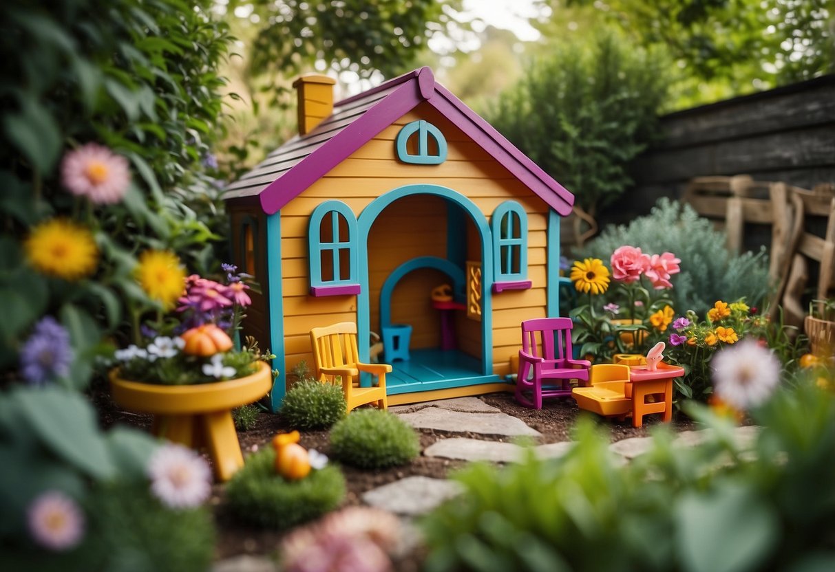 A colorful play shed nestled in a lush garden, surrounded by vibrant flowers and greenery. The shed is filled with toys, books, and games, with a small table and chairs for imaginative play