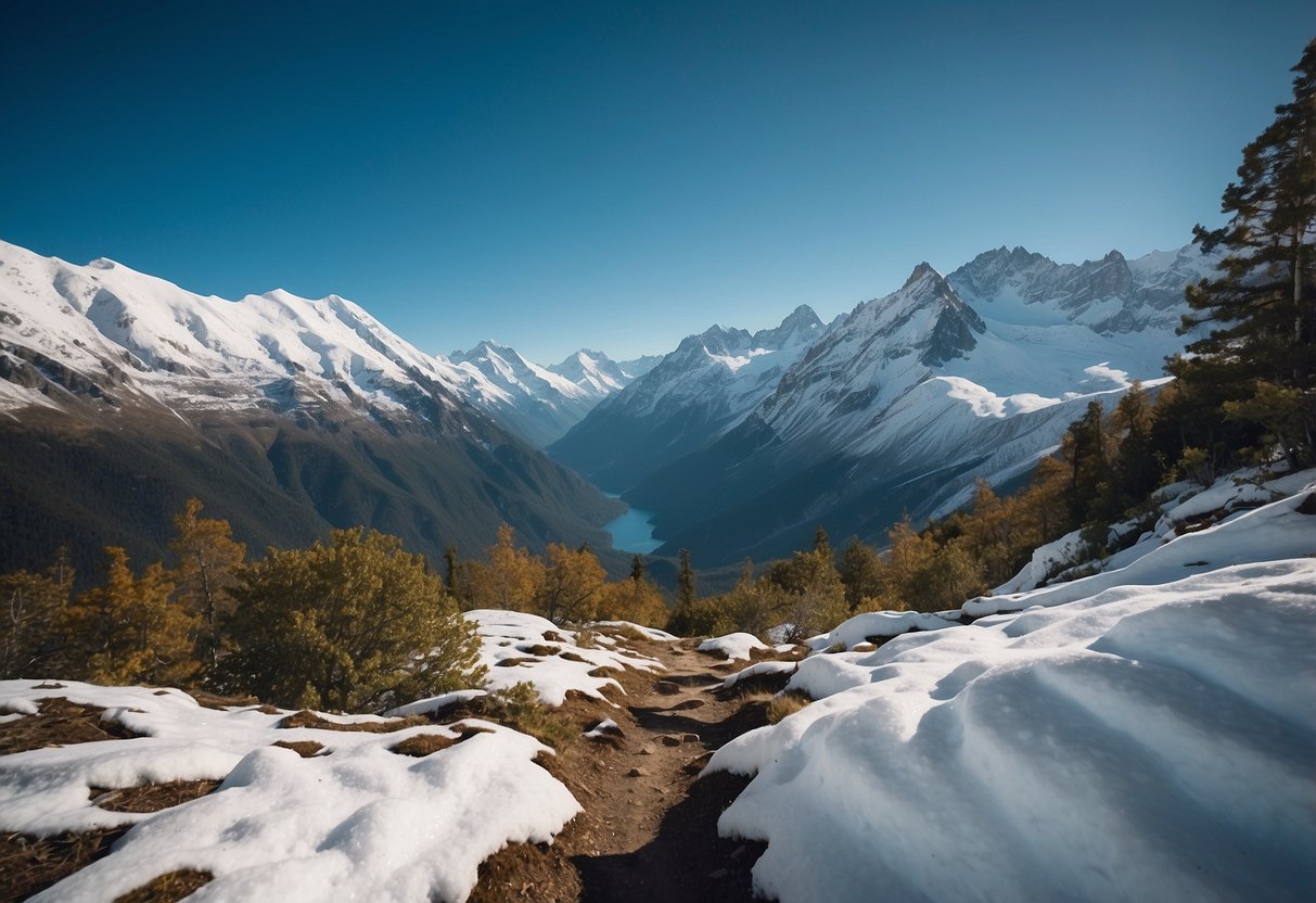 Snow-covered Andes mountains, winding trails through dense forests, clear blue skies, and serene alpine lakes