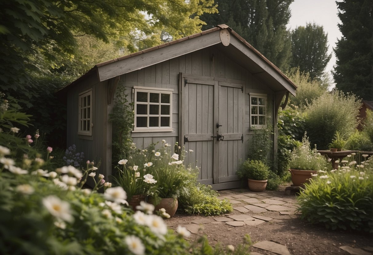 A vintage style shed nestled in a lush garden, surrounded by blooming flowers and overgrown greenery. The shed has a rustic, weathered appearance with charming details and a welcoming atmosphere