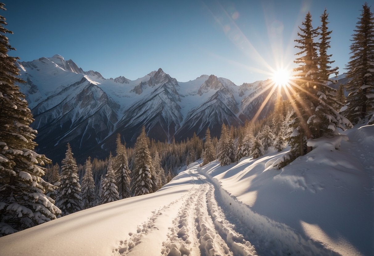 Snow-covered trails wind through the Andes mountains, with towering peaks and alpine forests in the background. The sun glistens off the pristine snow, creating a picturesque scene for cross-country skiing