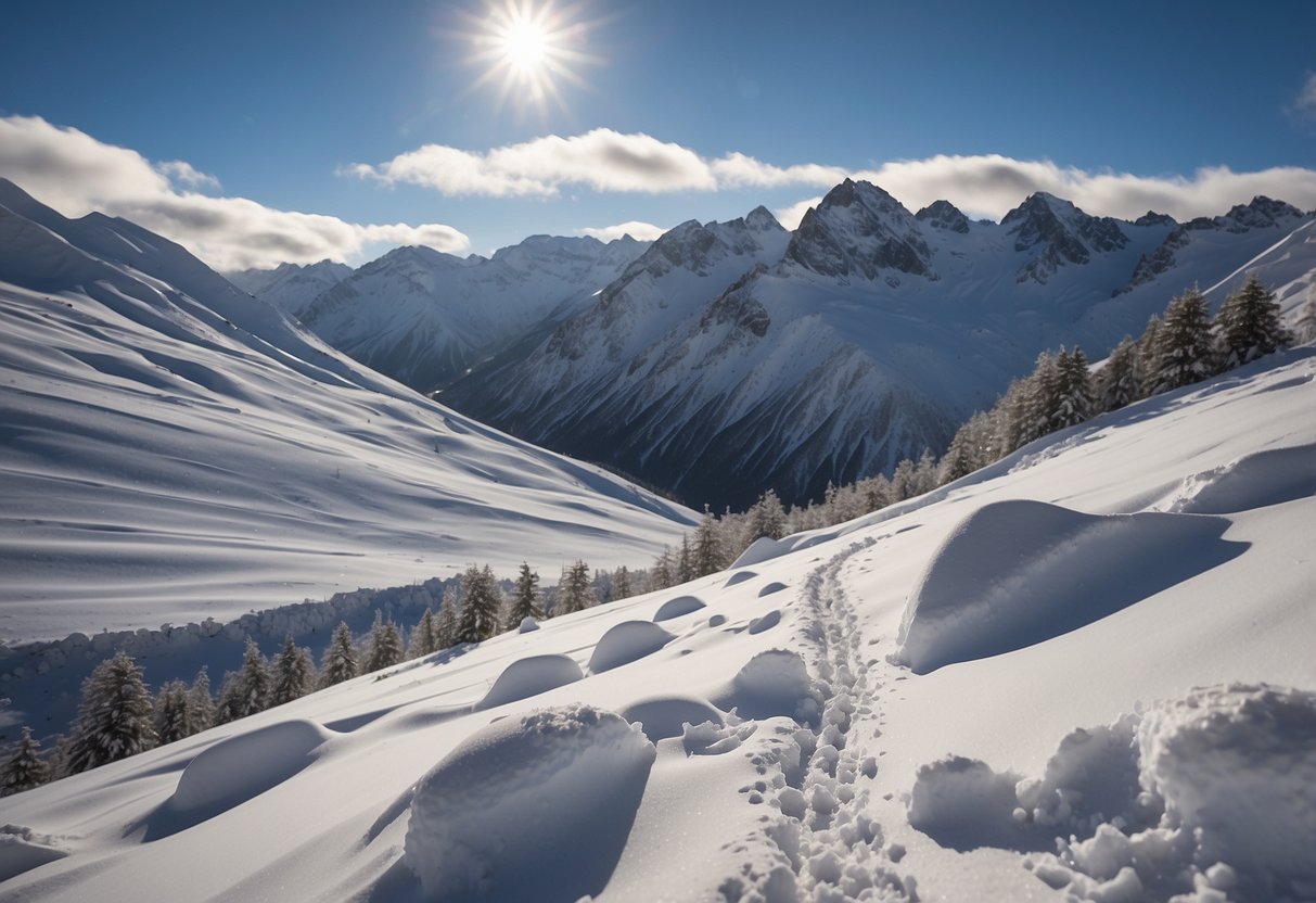 Snow-covered mountains of Cerro Catedral, Argentina. Cross country ski trails wind through the breathtaking landscape of South America