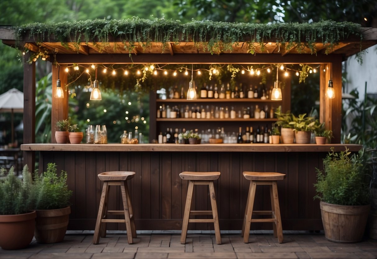 A cozy outdoor bar shed with string lights, wooden bar stools, and a rustic bar counter surrounded by lush greenery and potted plants