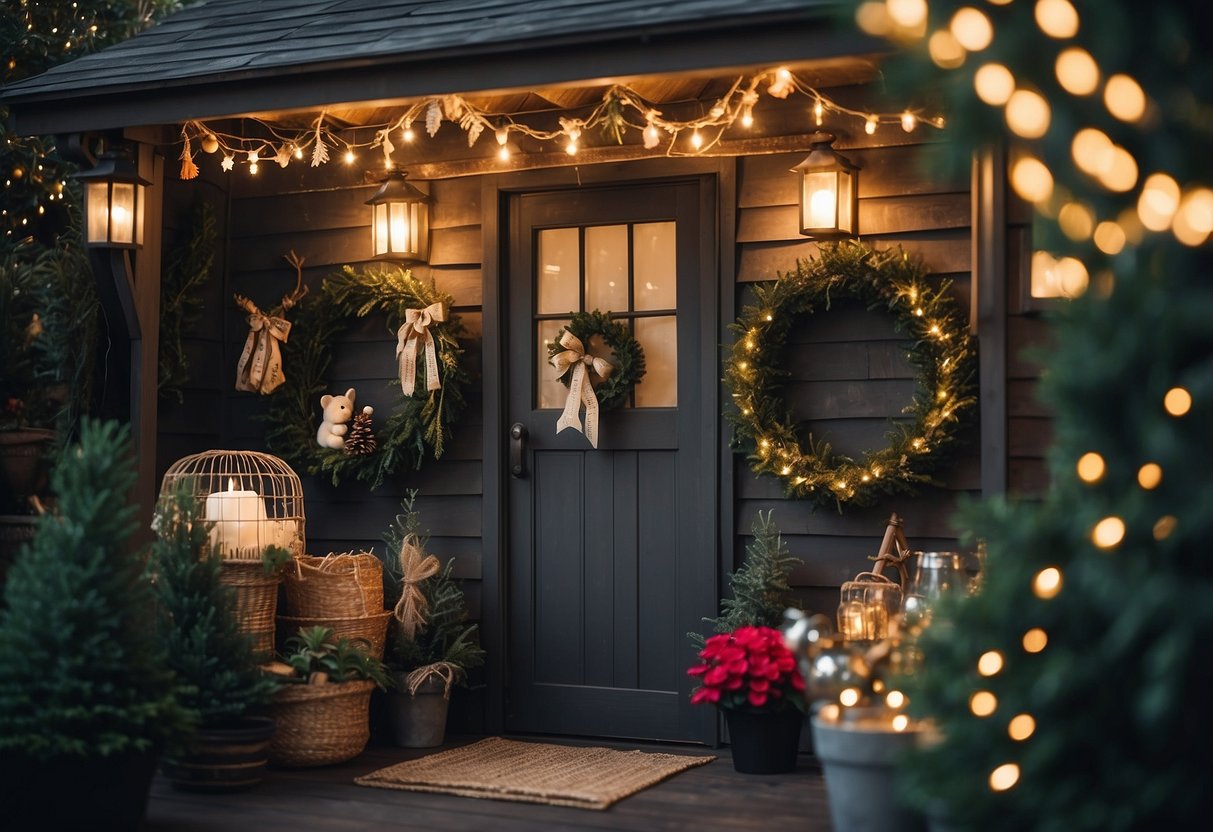 A garden shed adorned with holiday decor, including lights, wreaths, and ornaments. Surrounding the shed are various ideas for garden decor