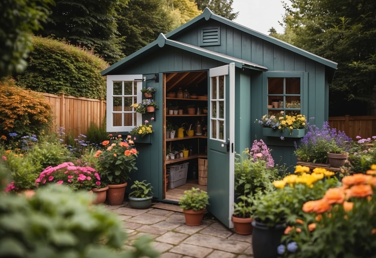 A garden shed nestled in a lush backyard, surrounded by colorful flowers and greenery. The shed is well-organized, with tools neatly hung on the walls and shelves filled with gardening supplies