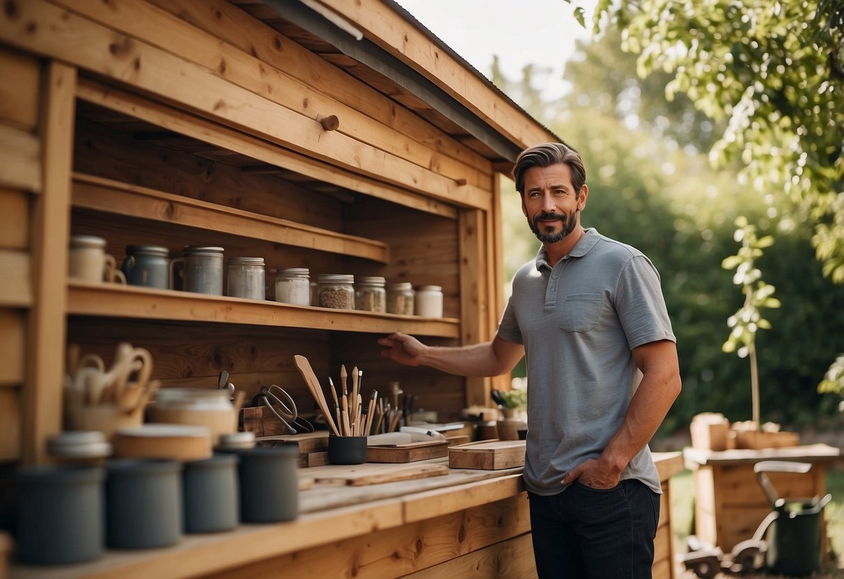 A person standing in front of a variety of materials such as wood, nails, and paint, with a garden shed in the background